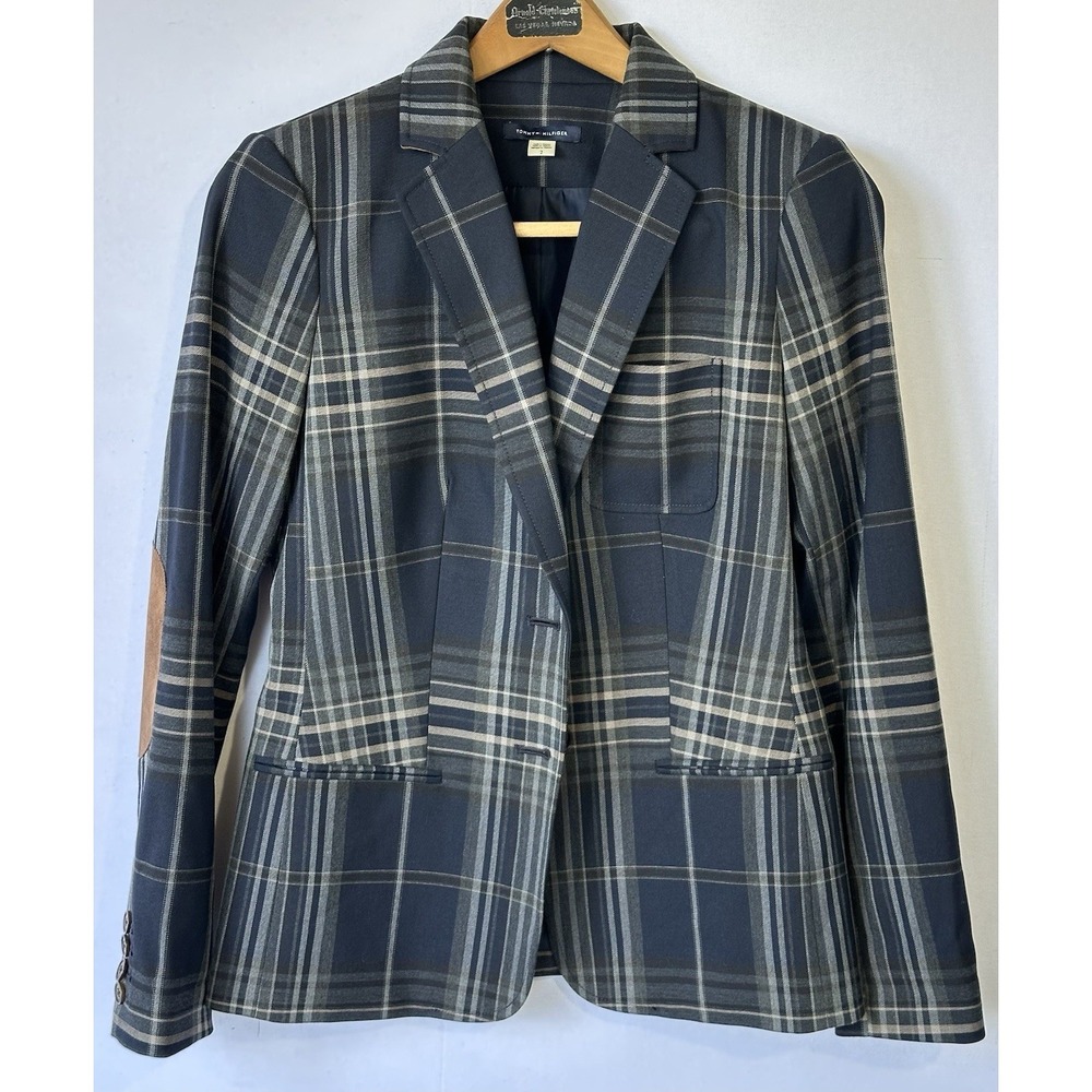 Tommy Hilfiger Plaid Retro Blazer Elbow Patches Women’s Size 2 Business Career